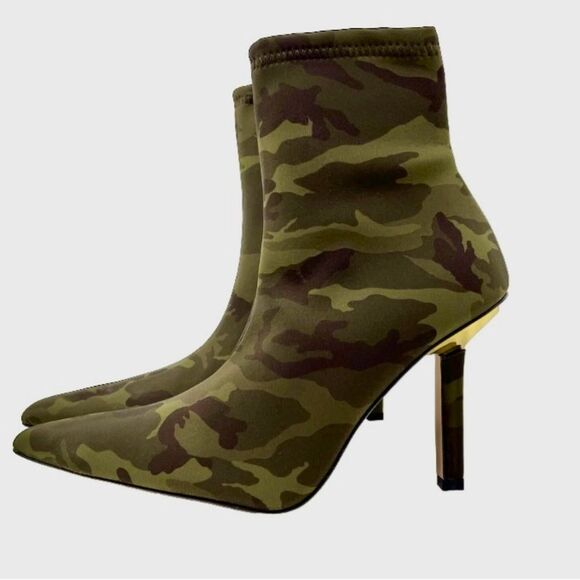 New Good American High Kickstand Bootie Size 6.5 Camo Neoprene Gold Accents - Picture 1 of 7
